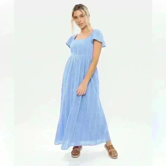 NWOT American Eagle Flutter Sleeve Blue Stripe Midi Maxi Dress Size Medium - Picture 1 of 6